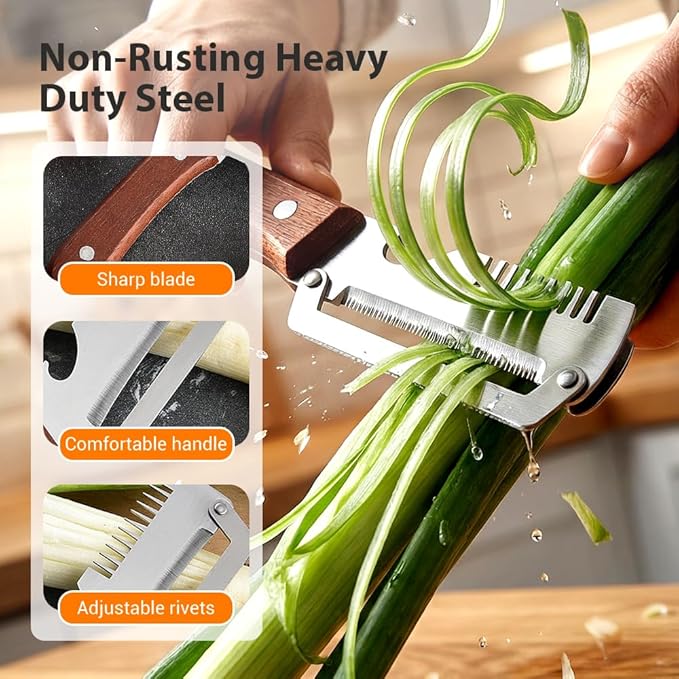 2026 New Multi-functional Vegetable Peeler, 3 in 1 Ktchen Multi-function Stainless Steel Thickened Fruit Peeler Knife with Wooden Handle, Suitable for Peeling Fruits and Shredding Scallions (1)