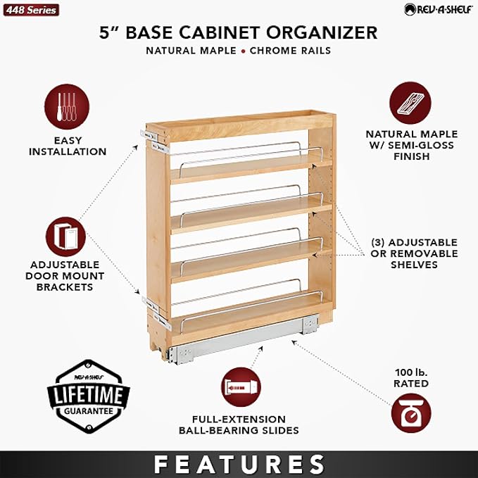 Rev-A-Shelf Maple Pullout Organizer for Full Height Base Cabinets, Full Extension Slides & Adjustable Shelves, Min Opening Width of 5.5", 448-BC-5C