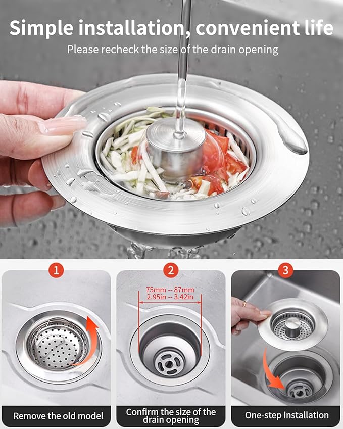 3 in 1 Kitchen Sink Drain Strainer [304 Stainless Steel Pop Up] Anti-Clogging Kitchen Sink Drain Stopper Stainless Steel Efficiently Drainage Odor Filter Sink Plug for Us Standard 3-1/2 Inch