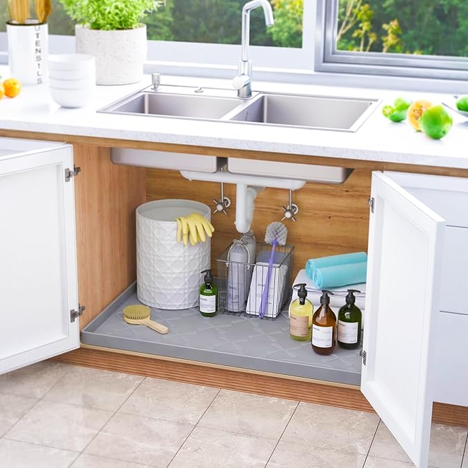 SIKADEER 25" x 22" Under Sink Mat Waterproof, Silicone Mat Kitchen Drawer Shelf and Cabinet Liner, Sink Protector for Kitchen Organizers and Storage, Boot Tray Pet Food Mats