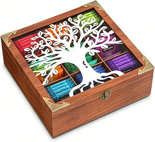 Wood Tea Box Organizer,Rustic Tea Bag Storage with Tree Pattern