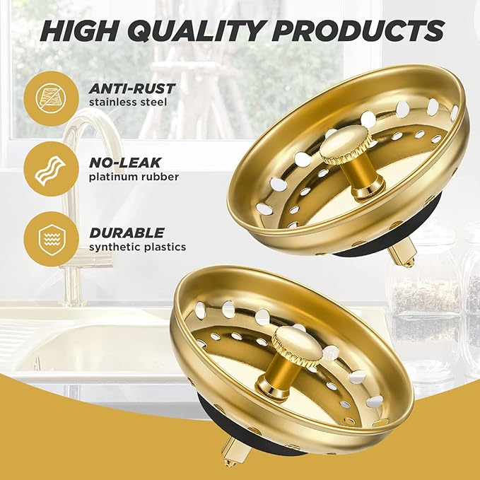 Retisee 2 Pcs Kitchen Sink Stopper Strainer Stainless Steel Drain Strainers for Universal 3-1/2 Inch Kitchen Sink Drain Replacement(Gold)