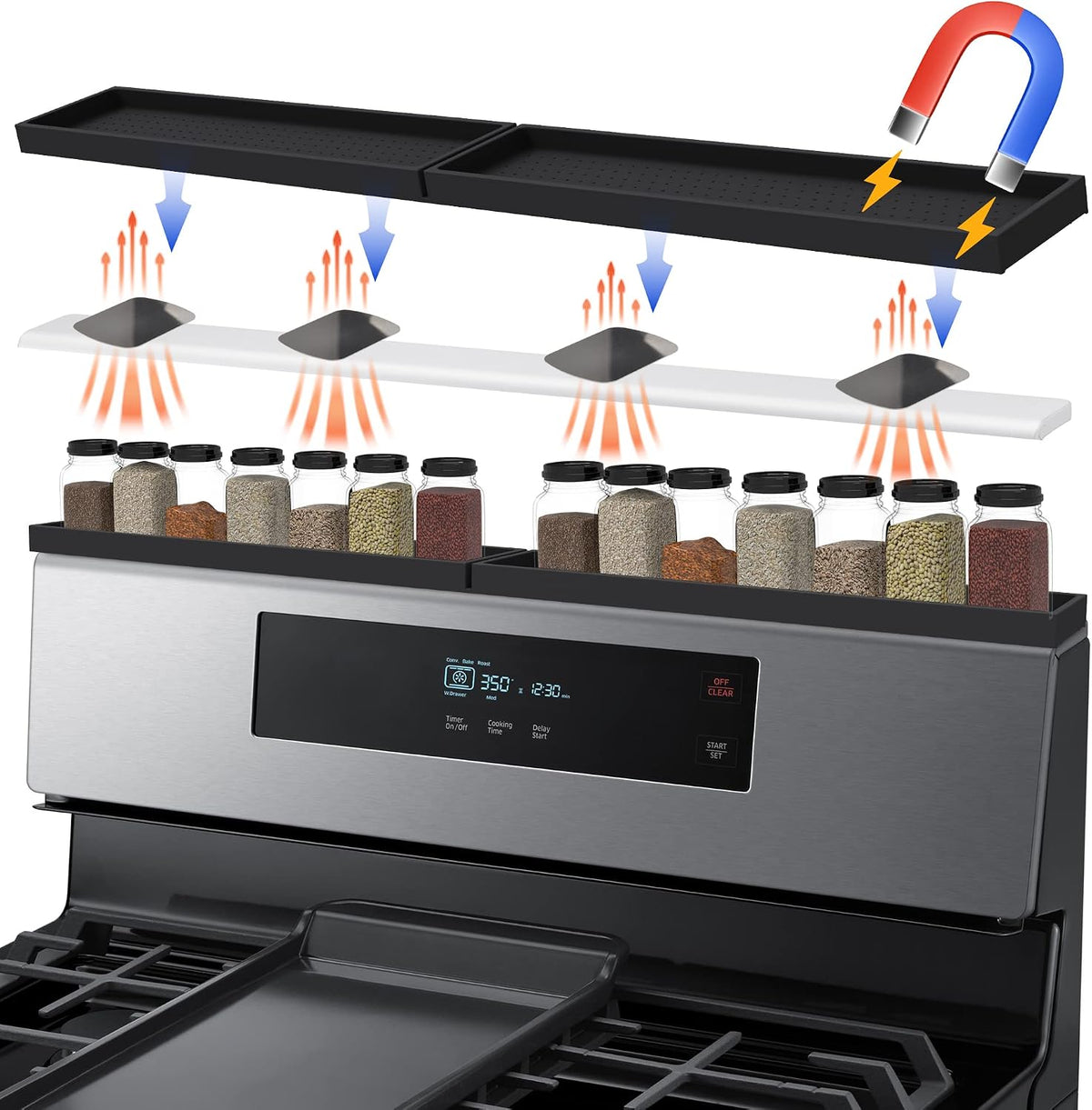 Silicone Magnetic Stove Top Shelf - 30 Inch Spice Rack Black