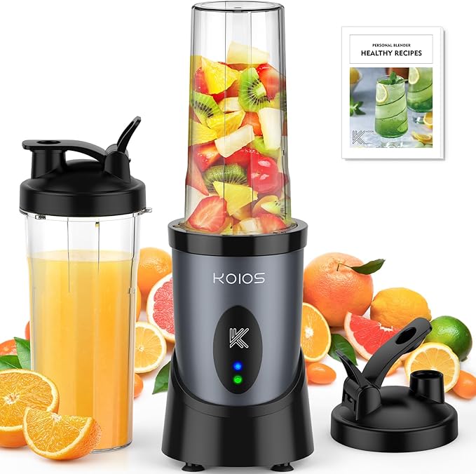 KOIOS Smoothie Blender, 900W Personal Blender for Shakes and Smoothies for Kitchen with 2 Portable Cups 22oz, Single Serve Smoothies Maker Mixer for Juices, Nutritious Recipe, Grey Blue