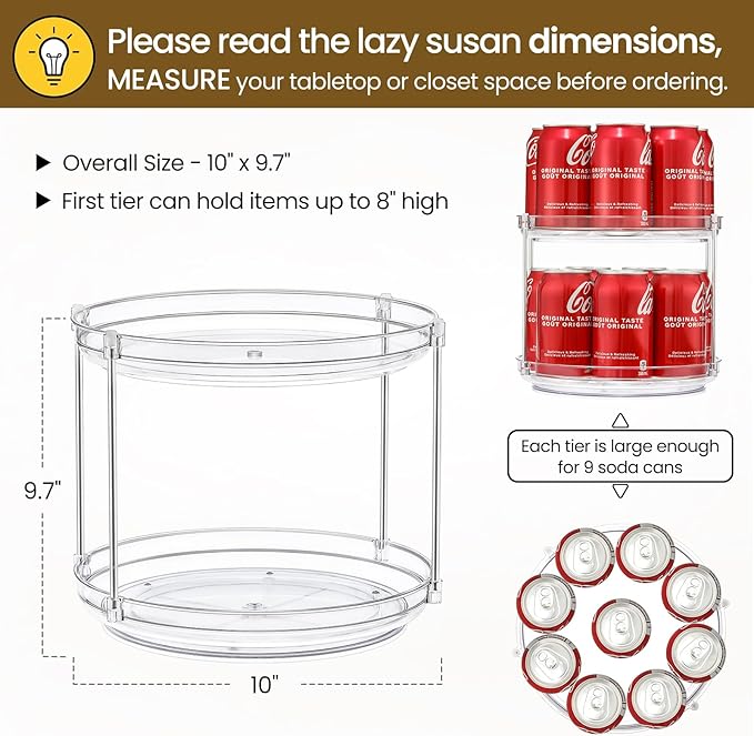 2 Set 2 Tier Non-Skid Acrylic Lazy Susan Organizer - Rotating Spice Rack - Turntable Spinning Organization for Kitchen, Pantry, Countertop, Closet, Bathroom, Vanity, Medicine Cabinet Organizing, 10''