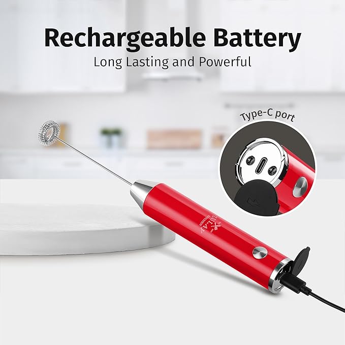 Zulay Kitchen Rechargeable Milk Frother Handheld - Frother Wand, Drink Mixer, Electric Whisk Frother, for Cappuccinos, Matcha & Protein Powder - Lux 4 Whisk 2 Speed Waterproof 2000mAh Red