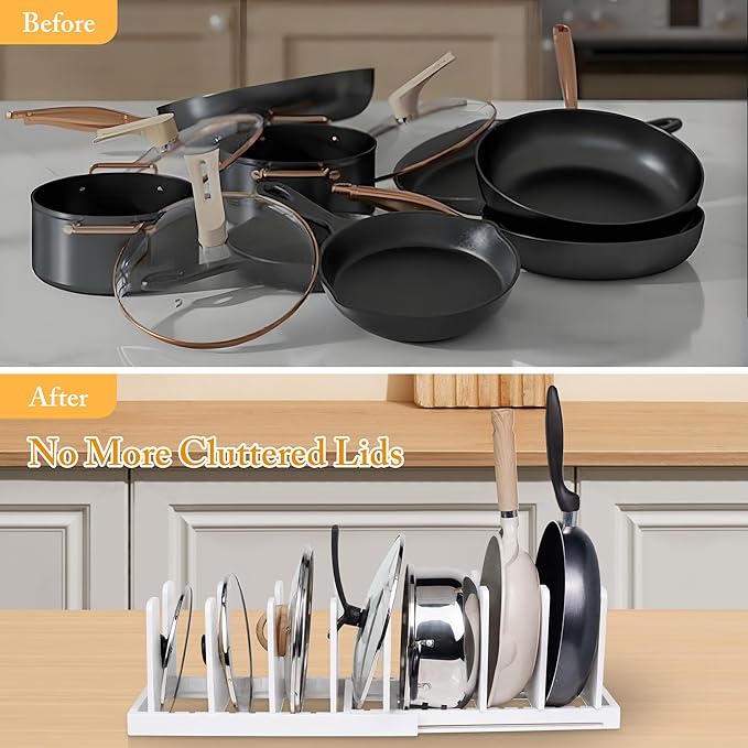 MinBoo Bamboo Expandable Pot Lid Organizer, Pot and Pan Organizer Drawer Organizer for Pot Lids, Adjustable 10 U-Shaped Dividers for Kitchen Cabinet Organizers and Storage,White