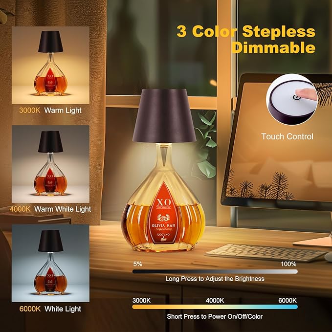 Wireless Bottle Lamp, 2026 New 3 Color Rechargeable Led Wine Bottle Lights for Bars Restaurants (Brown, 1PC)