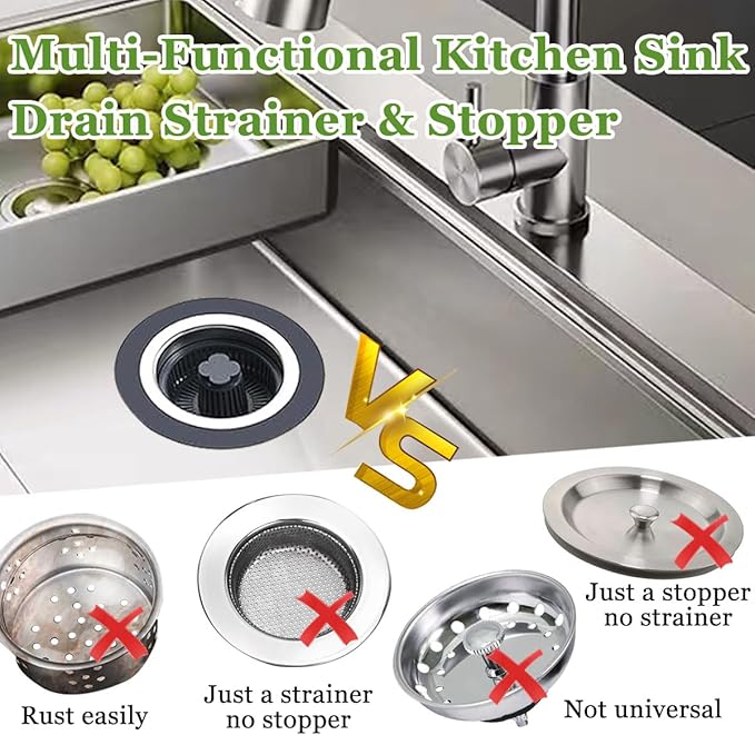 3 in 1 Kitchen Sink Drain Strainer and Stopper Combo, Stainless Steel Pop Up Kitchen Sink Stopper, Sink Drain Strainer for Standard 3-1/2 Inch Drain