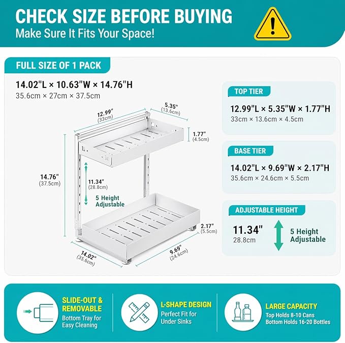 Under Sink Organizer, Kitchen & Bathroom Storage with L-Shaped Design Fits Around Pipes, 2-Tier Slide-Out Metal Drawer, Adjustable Height for Cabinet Laundry Organization (Cream White)