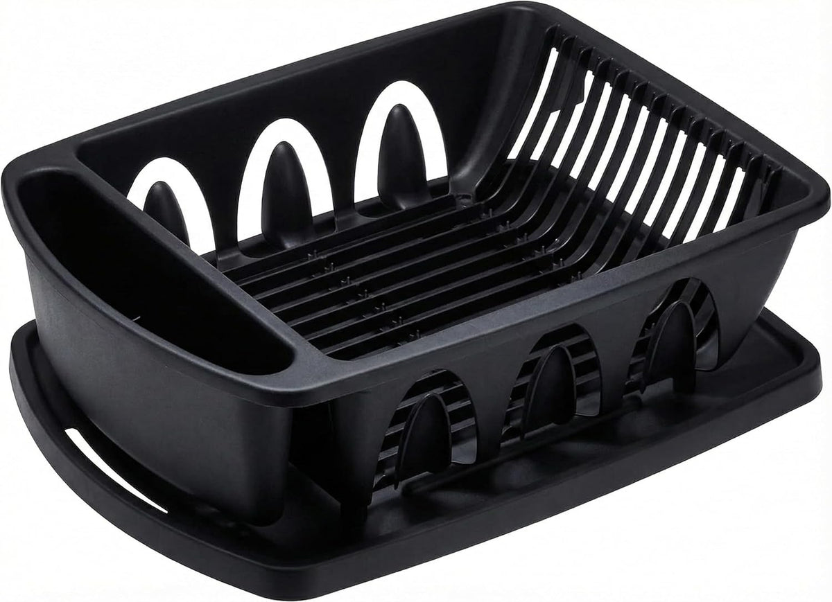 Sink Dish Drying Rack, Heavy Duty Hard Plastic Drying Rack, Dish Drainer for Kitchen Counter with Drainboard Set, with Silverware Holder - 18 x 13 x 6 (Black) - Made in USA