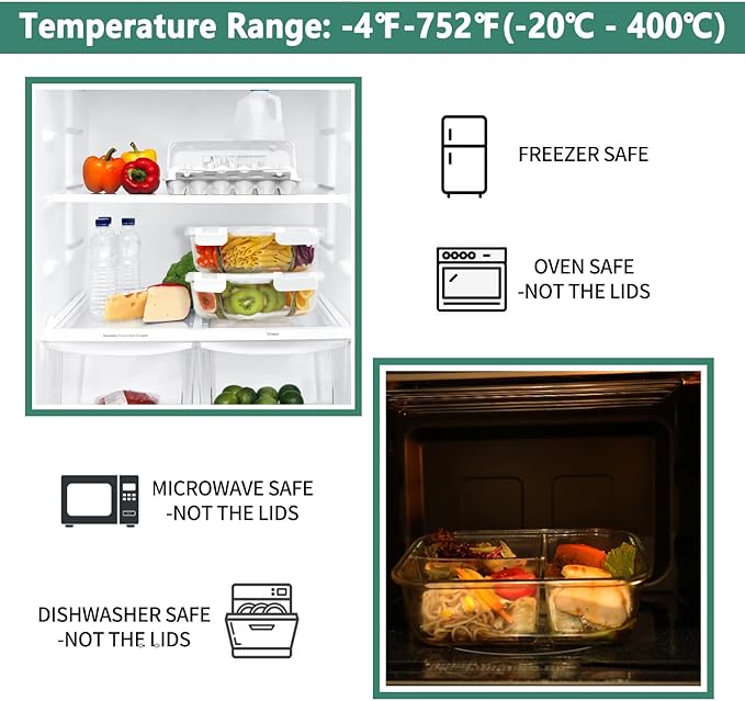 HOMBERKING 8 Pack Glass Meal Prep Containers 3 Compartment, 33oz Glass Food Storage Containers with Lids, Airtight Lunch Bento Boxes, BPA-Free & Leak Proof (Set of 8) - White