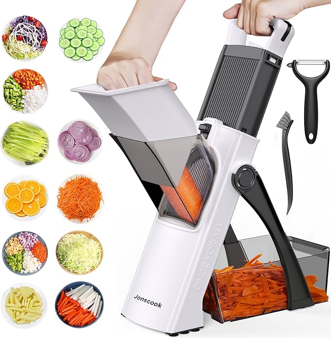 Jonscook All-in-1 Update Safe Mandoline Slicer for Kitchen, Food Chopper with Container, Thickness Adjustable Vegetable Chopper, Potato French Fry Cutter Tomato Apple Slicer Onion (BlackWhite)