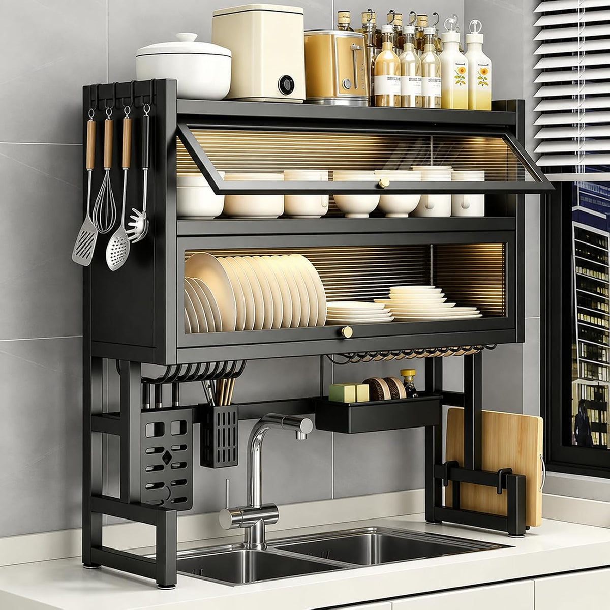 Over The Sink Dish Drying Rack (Black L-25.59in, Double-Layer)
