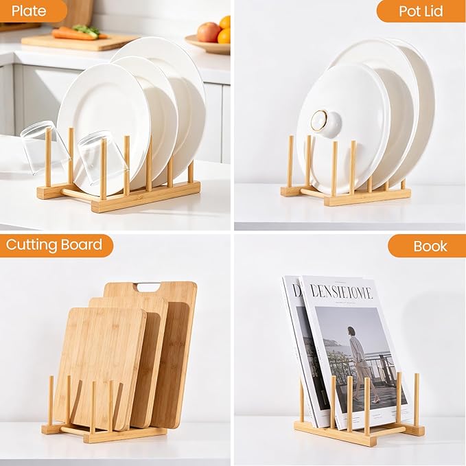 2 Pack Bamboo Wooden Dish Rack-Plate Pot Lid Cutting Board Organizer Holder Rack for Cabinet-Kitchen Cabinet Organizer for Dish, Pots, Lids, Bowls, Bottles, Books, and Puzzle