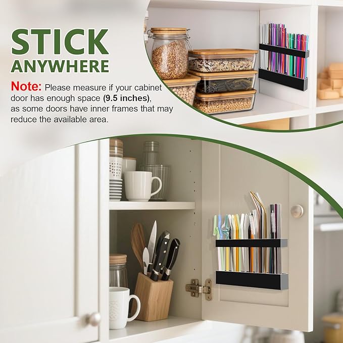 Malldii 9.5" Large Acrylic Straw Holder for Cabinet Door - Reusable Tumbler Straw Organizer Storage, Small Kitchen Accessories Container, Ultra Sticky Cupboard Door Mounted (Black)