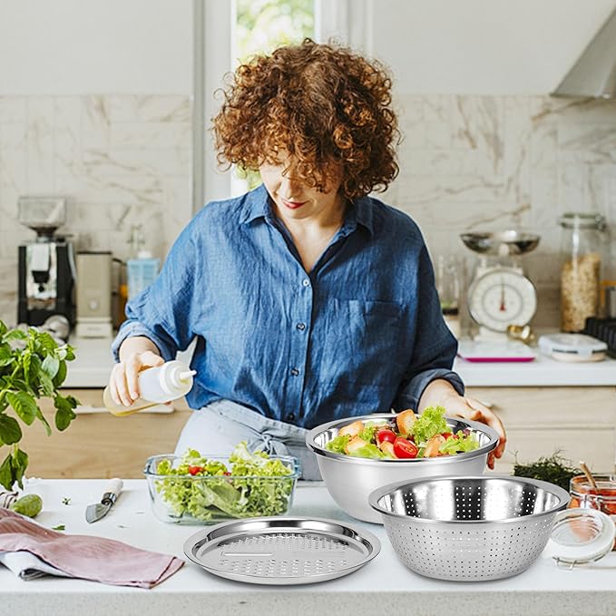 Multifunctional Stainless Steel Basin with Grater, Mixing Bowls, Vegetable Cutter, Slicer, Strainer, Drain Basket, Salad Maker Bowl, Colanders for Kitchen Use
