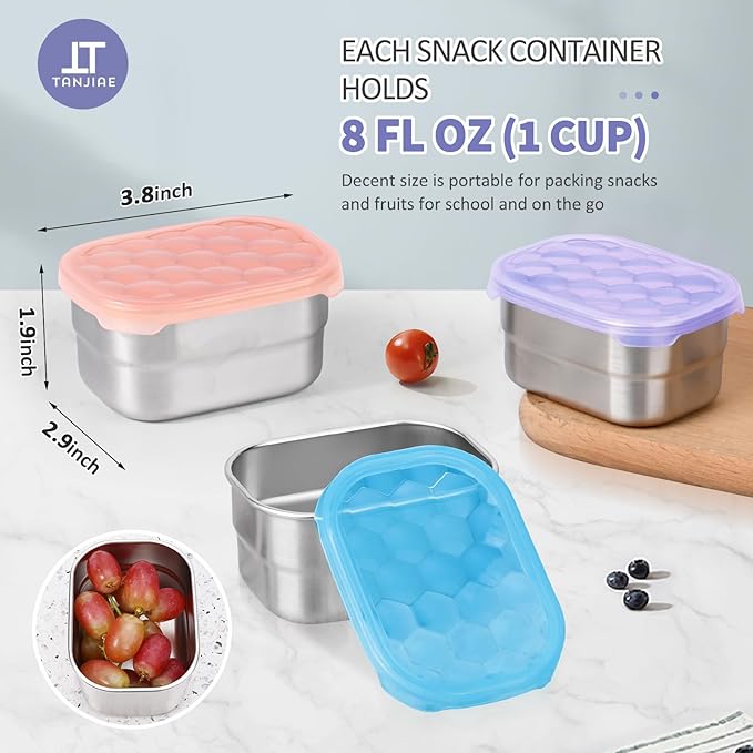 Tanjiae Snack Pro - Small (1 CUP) Stainless Steel Snack Containers for Kids | Easy Open Leak Proof Food Containers with Silicone Lids - Perfect Metal Toddler Lunch Box for Daycare and School (8oz*3)