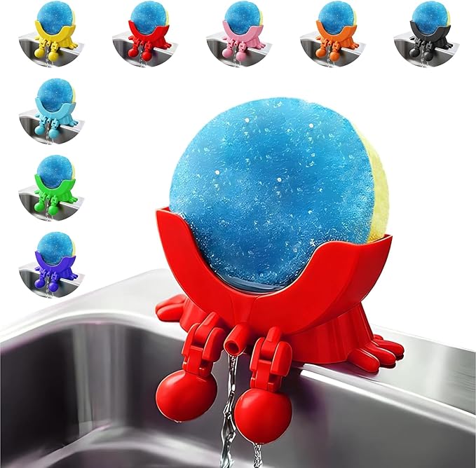 Cute Hanging Sponge Holder with Drainage, 3D Printing Funny Countertop Sponge Holder for Kitchen Sink, Suitable for Scrub Daddy Holder (Red)