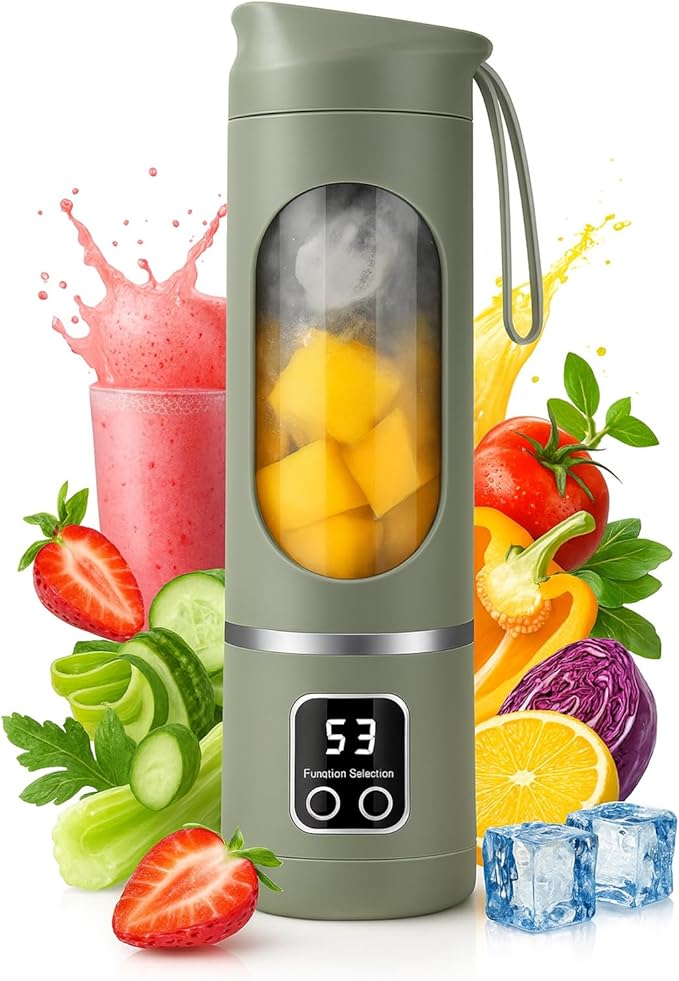 Digital Multimode Juicer Blender, 450ml Portable Blender Personal Electric-Smart LED Display Juicer,3 Speed12-Blade Fresh Juice Bottle, USB Rechargeable for Shakes and Smoothies,Fruit Juice (Green)