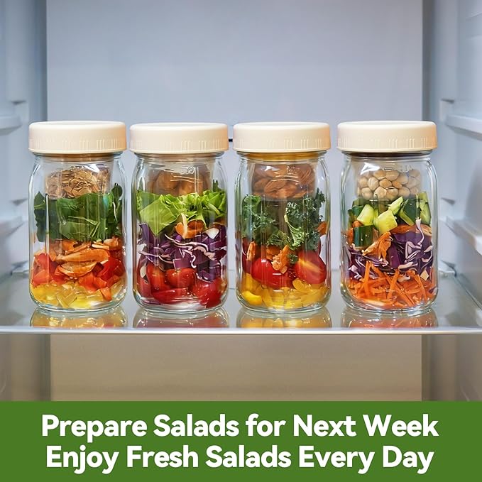 4 Pack Glass Salad Pod Mason Jar with Dressing Cup, 32 oz Salad Container to Go with Lids Meal Food Prep for Adults Lunch, Large Travel Mason Jar Bowl with 2 Insert Dressing & Topping Holder