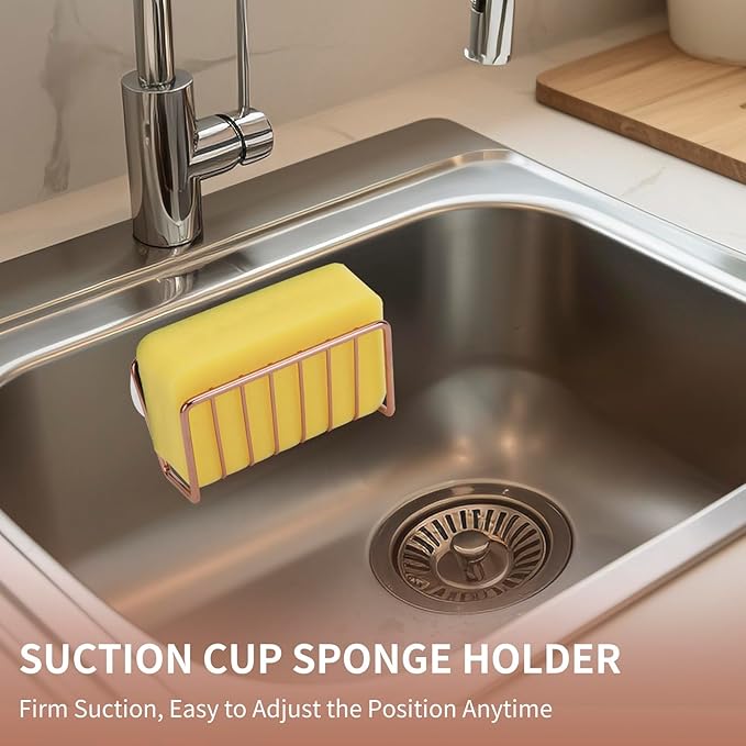Soap Sponge Holder for Kitchen Sink Shower, No Drilling. Rustproof Stainless Steel, Wall Mounted Soap Holder Soap Tray Bar Holder with Suction Cups for Bathroom & Kitchen. Rose Gold.