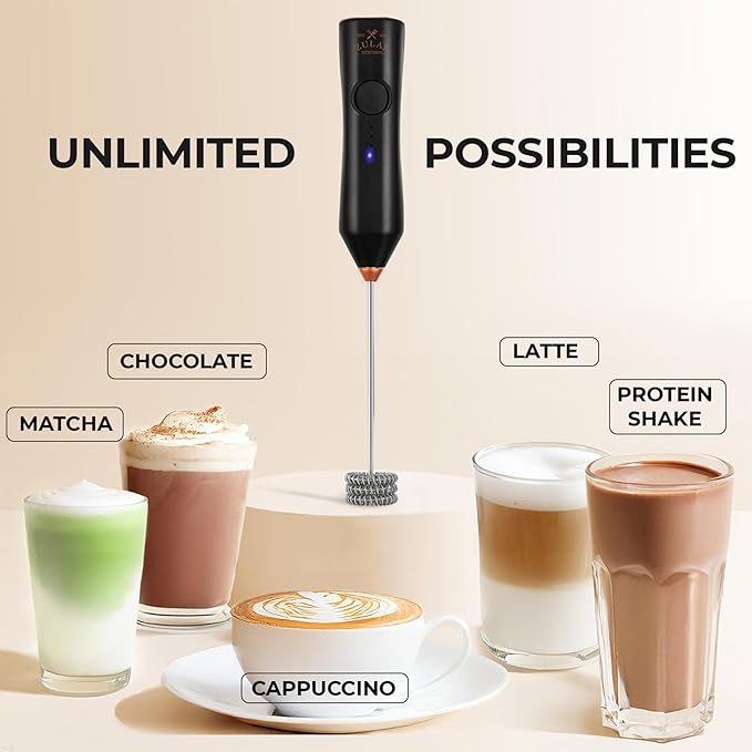 Zulay Kitchen Rechargeable Milk Frother Handheld - Frother Wand, Drink Mixer, Electric Whisk Frother, for Cappuccinos, Matcha & Protein Powder - Dynamic 3 Whisk, 3 Speed 500mAh Black Copper