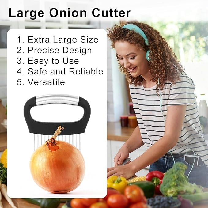 Extra-Large Onion Holder for Slicing, Stainless Steel Food Slicer Guide with 14 Long Needles Multi-Functional Home Kitchen Tool for Potato Tomato Onion Meat