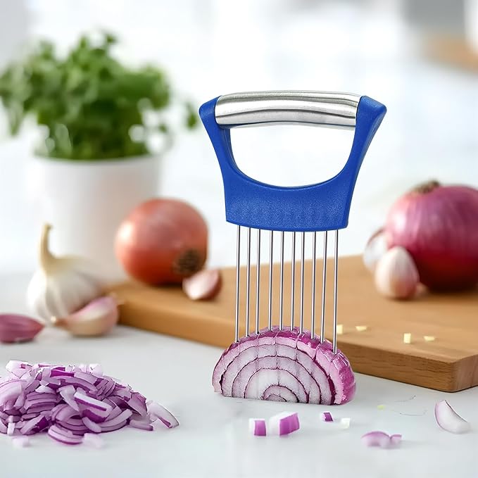 Stainless Steel Onion Holder for Slicing,Onion Slicer Holder, Onion Cutter for Slicing of Onions, Tomatoes,Avocados,Eggs and Other Vegetables, Kitchen Utensils Gift (Blue)