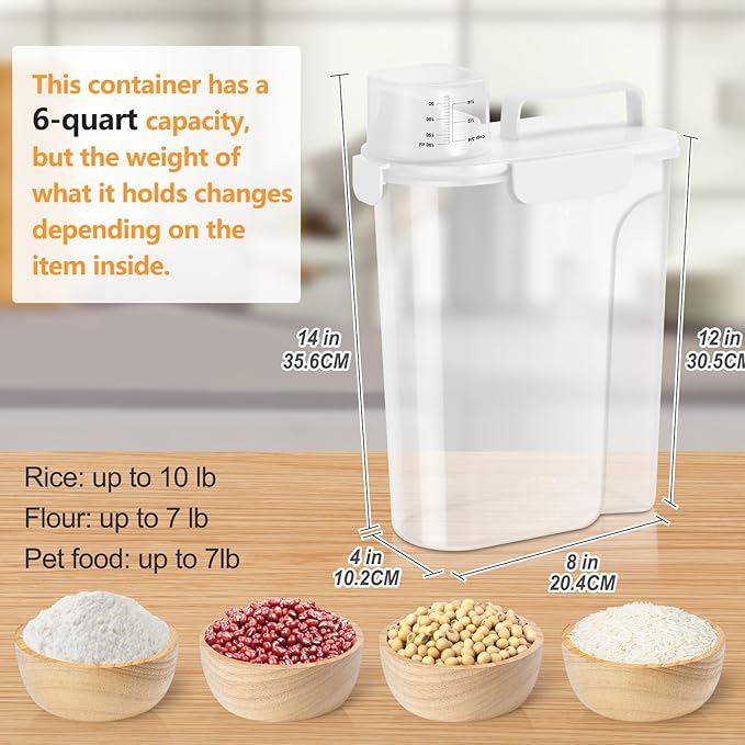 TBMAXS 5-7 Lbs Dog Cat Food Storage Container, Portable Travel Pet Food Storage Container with Measuring Cup, Easy-Pouring Bird Seed Dispenser, Airtight Rice Cereal Oatmeal Flour Dispenser -White