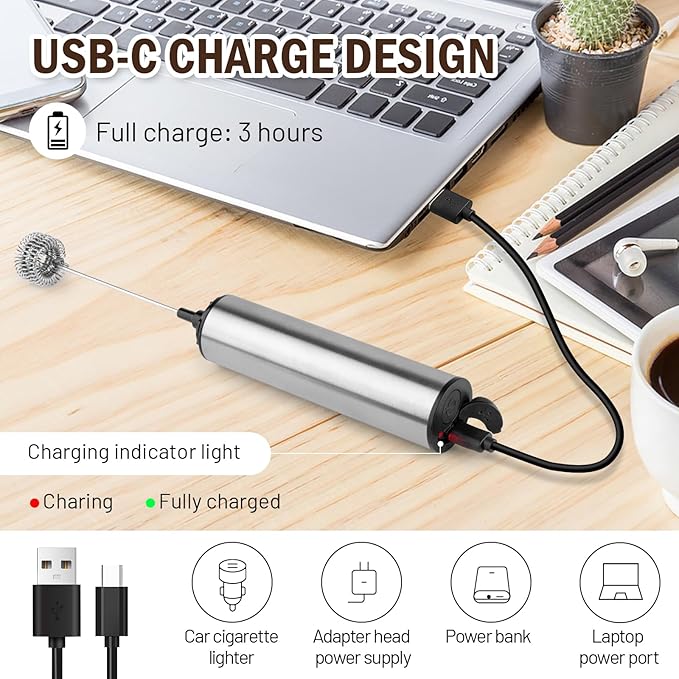 Milk Frother Wand for Coffee, Coffee Foamer Drink Mixer,Handheld Frother Rechargeable Electric Whisk with 5 Heads 2 Speeds for Latte, Cappuccino, Hot Chocolate, Egg(Home and Travel Set Silvery)
