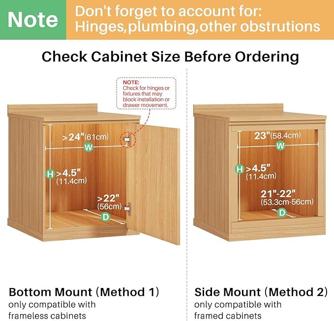 Pull Out Cabinet Organizer, Soft Close Wooden Slide Out Drawers for Pots and Pans, Full-extension Roll Out Shelves for Kitchen Cabinets, Pantry Organization, Bottom & Side Mount(23"W X 21"D x 3.4''H)