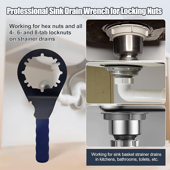 Universal Sink Drain Wrench for Loosen Tighten Strainer Locking Nut Fits All 4-, 6- and 8-tab, Toilet Bathroom Kitchen Sink Wrench