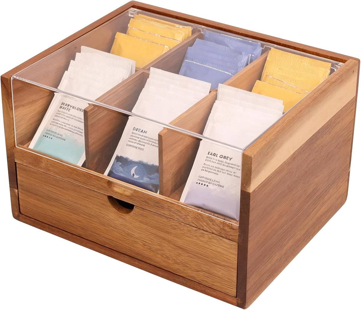 Acacia Wood Tea Organizer 2 Tier with Drawer,Large Capacity