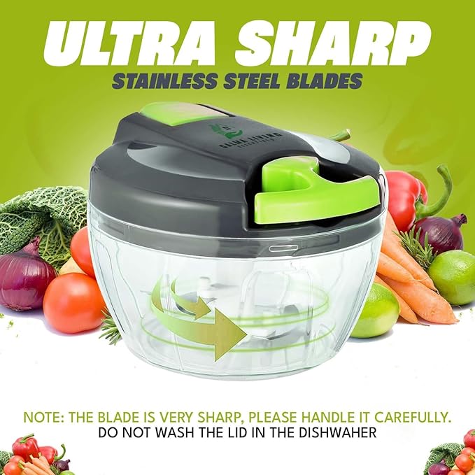 Manual Food Chopper, Hand Pull Vegetable Chopper with Stainless Steel Blades, Multi-Function Food Processor for Onion, Garlic, Meat & Fruits