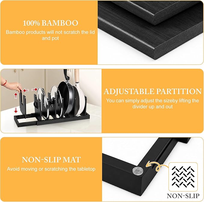 MinBoo Bamboo Expandable Pot Lid Organizer, Pot and Pan Organizer Drawer Organizer for Pot Lids, Adjustable 10 U-Shaped Dividers for Kitchen Cabinet Organizers and Storage,Black