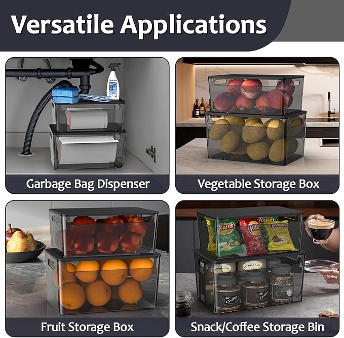 COAZEX 2 Pack Trash Bag Holder Under Sink Stackable, Plastic Garbage Bag Dispenser with Lid, Trash Bag Storage Dispenser Roll Holder for Kitchen, Pantry, Laundry Room Organization (Black)