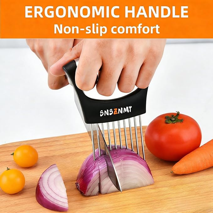 Onion Holder for Slicing, Upgrade Stainless Steel Onion Slicer Holder Lemon Slicer Vegetable Cutter, Assistant Tool for Slicing Fruit, Potato, Tomato and Meat (1 Pack)