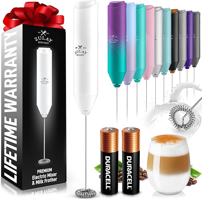 Zulay Kitchen Powerful Milk Frother AA Batteries Included – Ultra Fast Handheld Drink Mixer with Stainless Steel Whisk Stirrer for Coffee, Protein, Matcha & More, Frother Wand Electric Frothmate White
