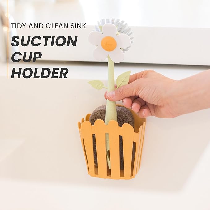 Vigar Florganic Kitchen Sink Caddy Organizer - Dish Sponge Holder with Flower Dish Brush, Suction Cup & Sponge for Kitchen Sink, Decorative Kitchen Sink Accessories Countertop Storage Set - Orange