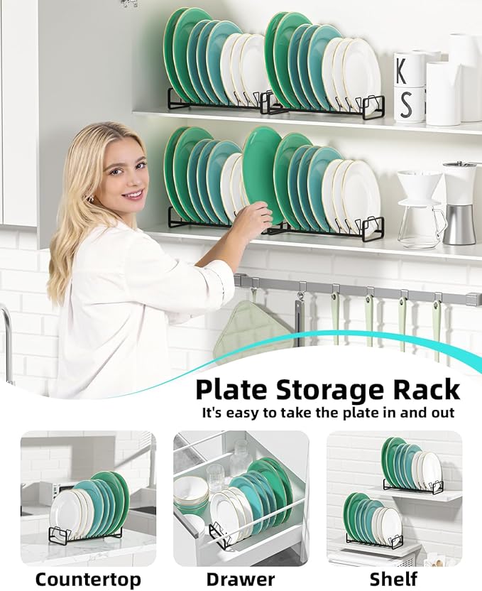 Plate Organizer for Cabinet (2-Pack),Kitchen Dish Rack Organizer for Cabinet Countertop Drawer Space Saver，8 Slots Vertical Plate Holder Storage Rack, Housewarming Kitchen Gifts for Women (Black)