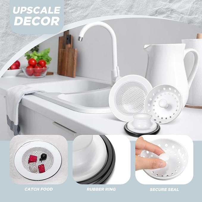 Mudder 3 Pcs Kitchen Sink Drain Strainer and Stopper Stainless Steel Garbage Disposal Plug with Handle Universal Anti-Clogging Kitchen Sink Filter Sieve Basket Strainer(Porcelain White)
