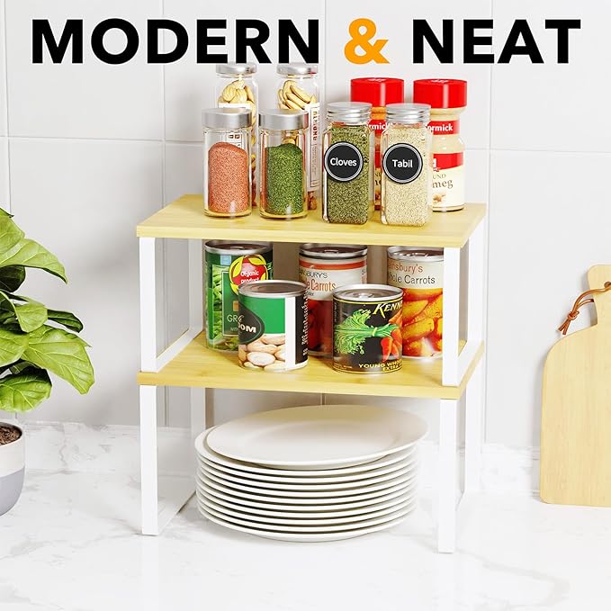 SpaceAid Cabinet Shelf Organizers 2 Pack, Kitchen Counter Rack Shelves Riser, Stackable Expandable Spice Rack, Pantry Cupboard Storage Organization (White and Natural, Short)
