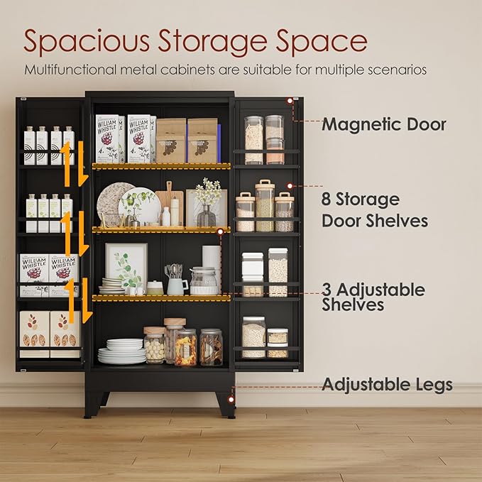 winiowa 51" Metal Kitchen Pantry Storage Cabinet, Pantry Cabinet with Doors and Adjustable Shelves, Steel Storage Cabinet for Kitchen, Dining Room, Living Room-Black