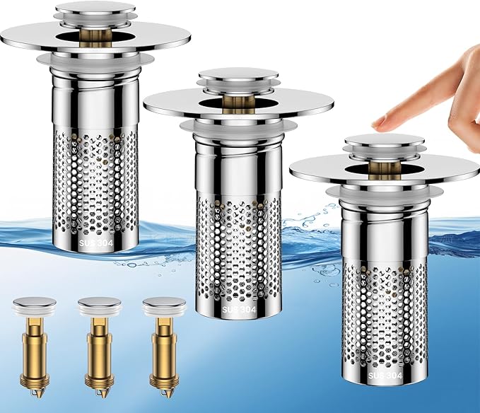 Bathroom Sink Drain Strainer,Universal Pop-Up Sink Stopper Hair Catcher, Anti-Clog Stainless Steel Drain Filter Basket, Removable Sink Drain for Bathroom Sink Stopper