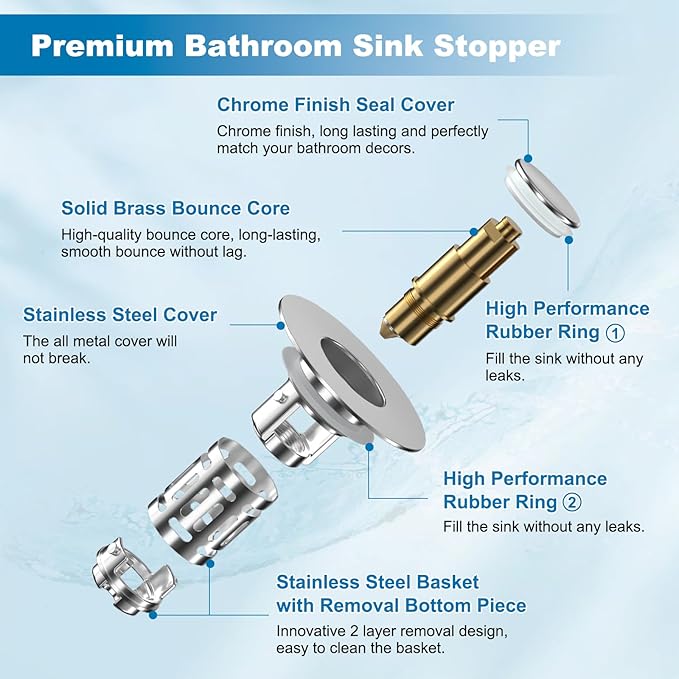 Hibbent 2 Pack Universal Bathroom Sink Drain Strainer, 3 in 1 Pop Up Stopper with Removable Stainless Steel Filter Basket, Brass Bullet Core, Hair Catcher Sink Plug for 1.1''~2.36'' Hole, Chrome