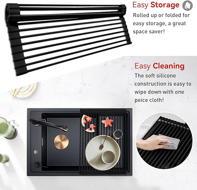 MERRYBOX Roll Up Dish Drying Rack Silicone Wrapped Over The Sink Dish Drying Rack Multipurpose Foldable Sink Drying Mat Anti-Slip & Anti-Rust Dish Rack for Kitchen, 17.5" x 13", Black