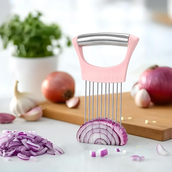 Pink Stainless Steel Onion Holder for Slicing,Onion Slicer Holder, Onion Cutter for Slicing of Onions, Tomatoes,Avocados,Eggs and Other Vegetables,Valentine's Day Gift Kitchen Utensils (Pink)