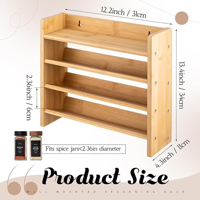 Gerrii 4 Tier Bamboo Spice Rack Organizer for Cabinet Wall Mounted, Large Capacity Spice Shelf for 28 Jars, Farmhouse Kitchen Aesthetic, Natural Bamboo Seasoning Shelf, Kitchen Countertop Space Saving
