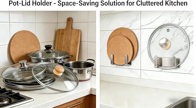 Stainless Steel Wall Mounted Cutting Board Holder Punch-Free Adhesive Multifunctional Kitchen Organizer Pot Lid Storage Rack 7" x 2.3" x 1.8"